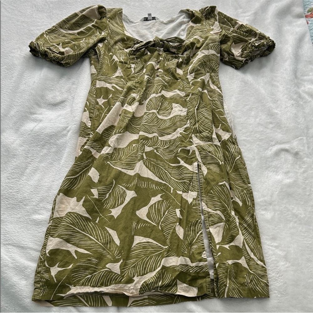 Walter Baker Olive and Cream Leaf Print Midi Dress